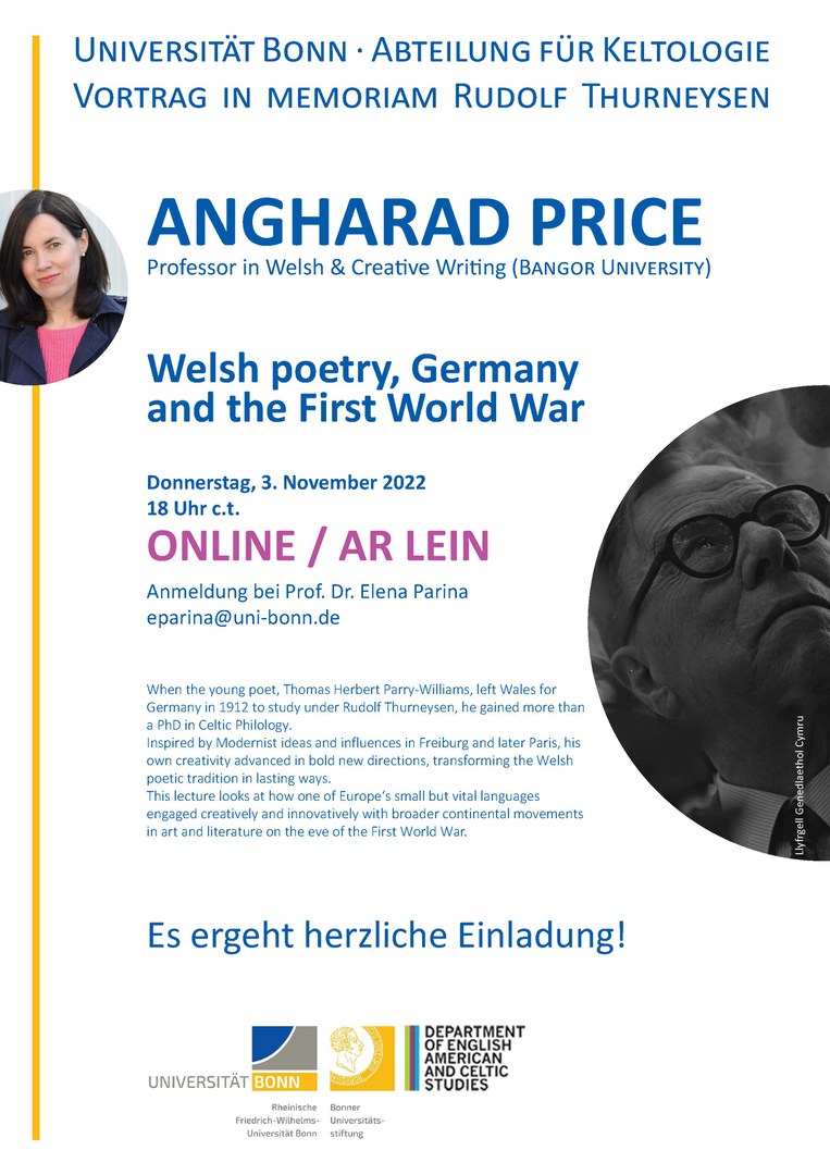 Herzliche Einladung zum Vortrag "Welch poetry, Germany and the First World War" von Prof. Angharad Price